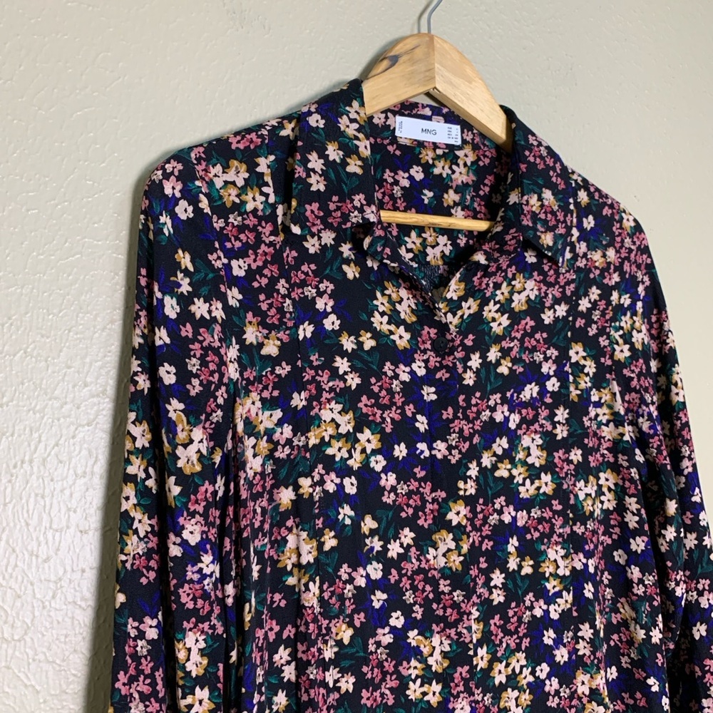 Mango Midi Dress Flowy Floral Black‎ Pink Buttons Boho Long Sleeves Women’s 4 US - Picture 4 of 5